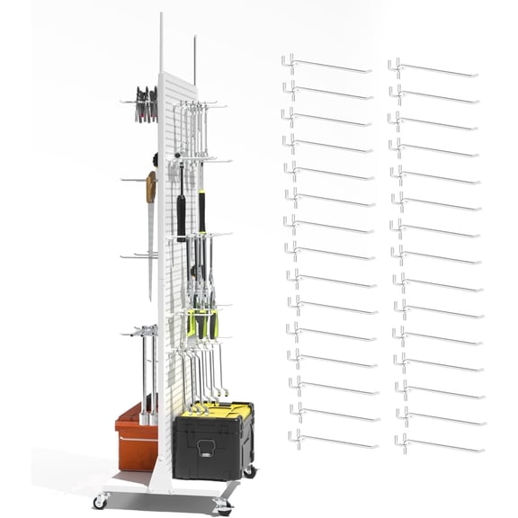 Ztysn White Metal Double Sided Pegboard Shelf,with 30 Hooks,63x23x15in Pegboard Panel,Movable Peg Board Organizer for DIY,Tool Shop,Kitchen/Metal