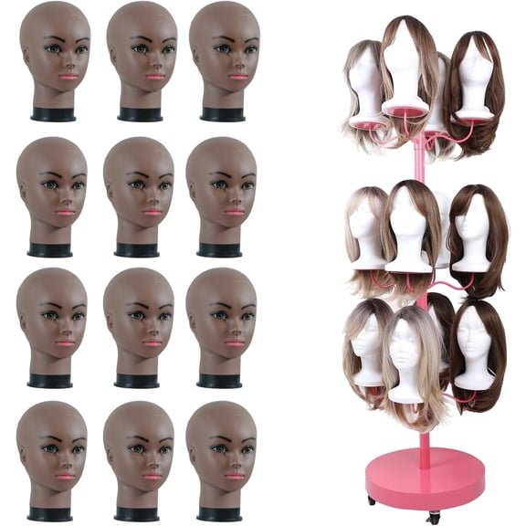 Ztysn Wig Rack Holder for 12 Heads Stand Styling Storage,Multiple Wig Display with 22in Mannequin Heads Round Metal Hair Organizer Storage Rack,Pink
