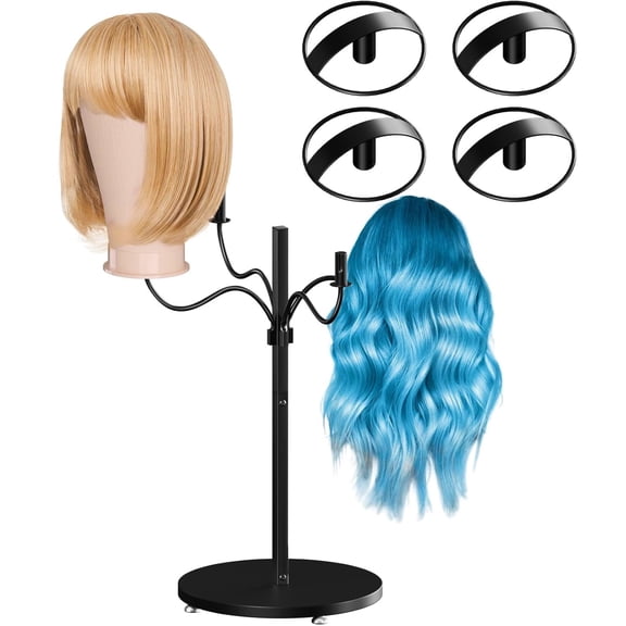 Ztysn Wig Hair Stand-Multiple Human Wig Hanger Desktop Display Rack Holder,Storage Organizer for Mannequin Head Metal Rack Stand,Black with 4 Holders