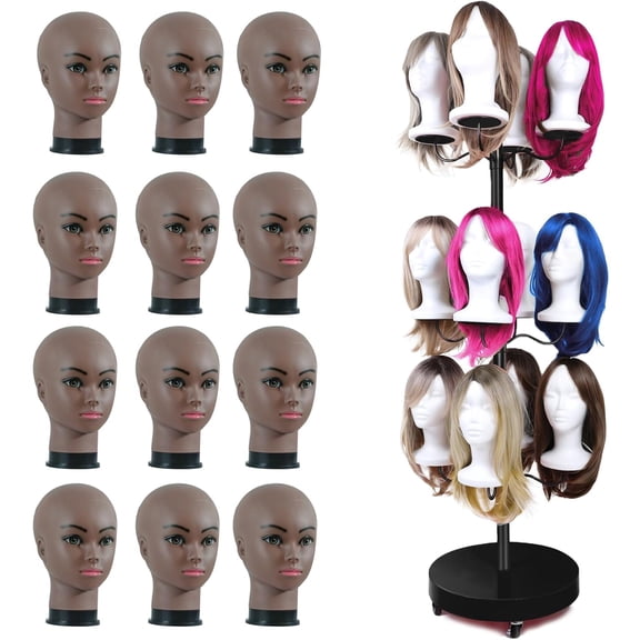 Ztysn Wig Rack Holder for 12 Heads Stand Styling Storage,Multiple Wigs Display with 22in Mannequin Heads Round Metal Hair Organizer Storage Rack,Black