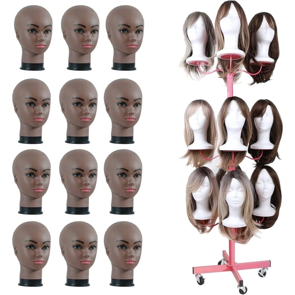 Ztysn Wig Stand 12 Head Model Styling Storage Holder, Multiple Wigs Display with 22in Mannequin Heads Tripod Metal Hair Organizer Storage Rack,Pink