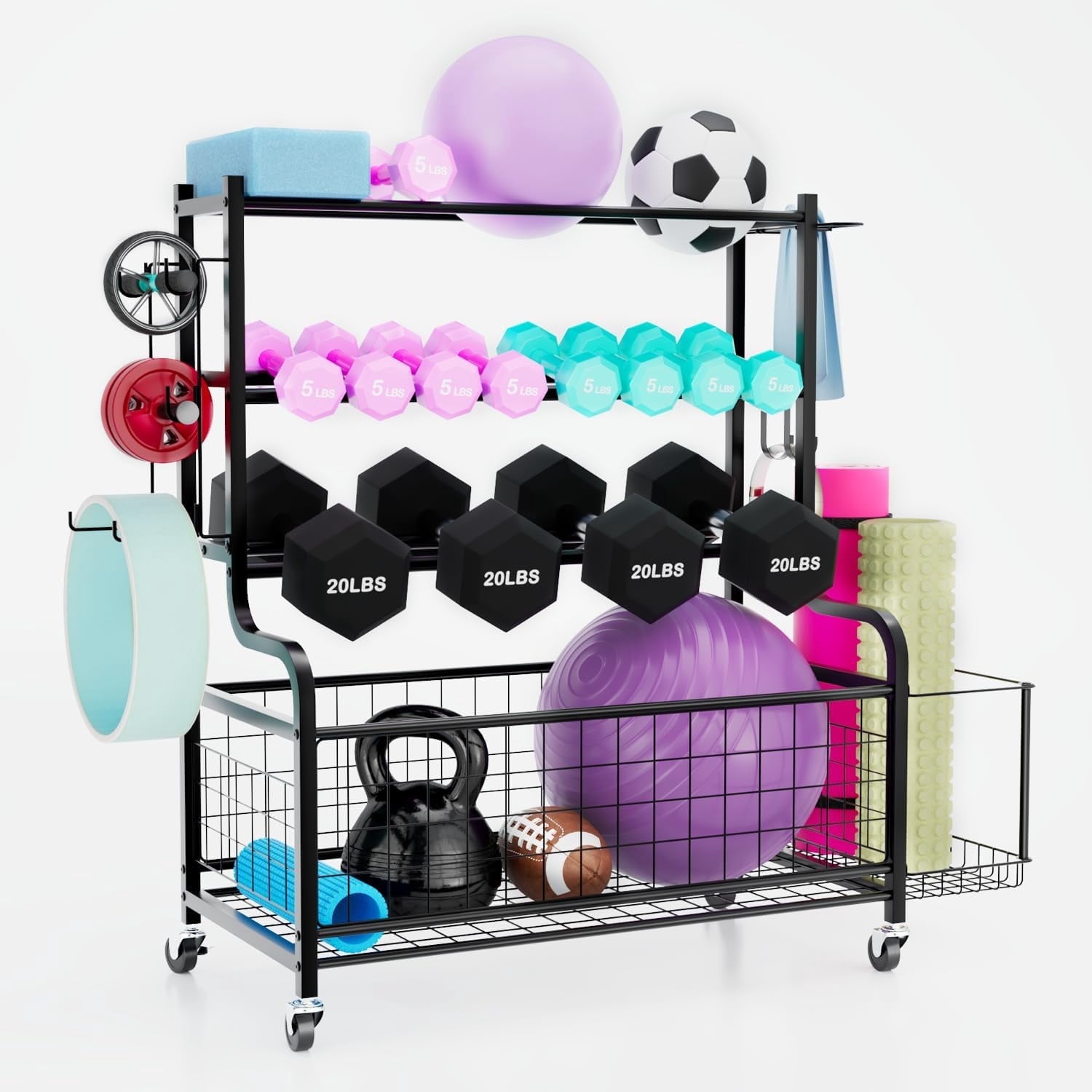 Ztysn Workout Yoga Fitness Equipment Rack for Home Gym,Weight Dumbbell Yoga Mat Foam Roller Storage Rack Organizer with Wheels and Hooks,Metal/Black