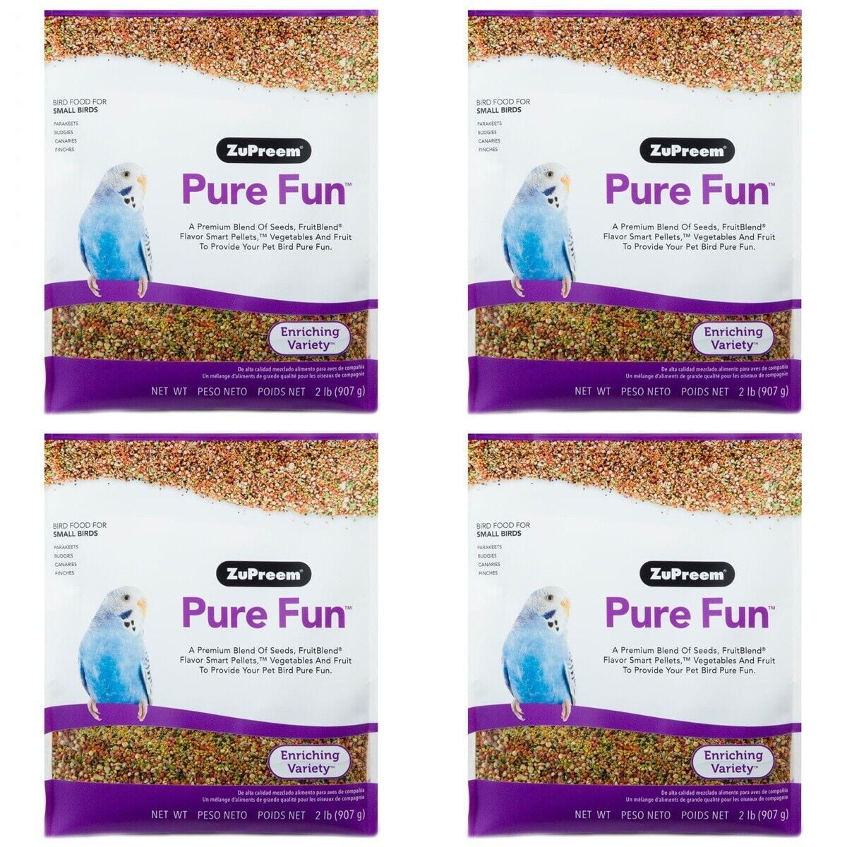ZuPreem Pure Fun Daily Bird Food for Parakeet, Budgie, Parrotlet, Dove, Bird Pellets and Seed Blend, Core Nutrition for Small Birds, Made in USA, Parakeet Food, Budgie Food (S, 2 lb) Pack of 4