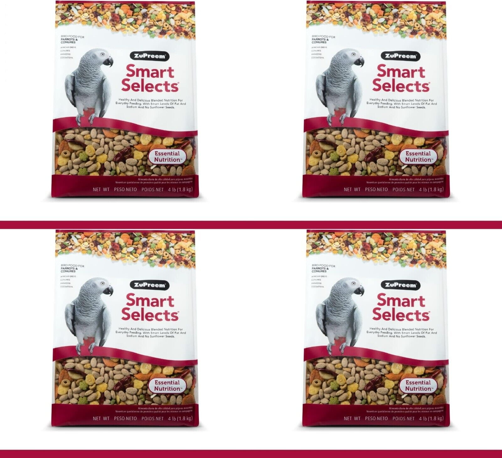 ZuPreem Smart Selects Daily Bird Food for Parakeet, Budgie, Parrotlet, Dove, Bird Pellets and Seed Blend, Core Nutrition for Small Birds, Made in USA, Parakeet Food, Budgie Food (4 lb) Pack of 4