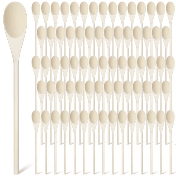 Zubebe 100 Pcs 12 Inch Long Wooden Spoons for Cooking Kitchen Crafts Long Handle Oval Wood Mixing Spoons Baking Mixing Serving Craft Utensils for Serving Baking Stirring Y101