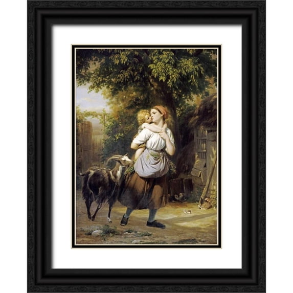 Zuber-Buhler, Fritz 14x18 Black Ornate Wood Framed with Double Matting Museum Art Print Titled - A Mother and Child With a Goat on a Path