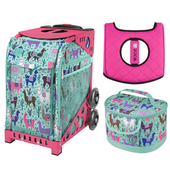 Zuca 18" Sport Bag - Llama Rama with Lunchbox and Seat Cover (Pink Frame)