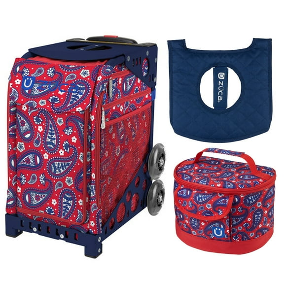 Zuca 18" Sport Bag - Paisley in Red with Lunchbox and Seat Cover (Navy Frame)