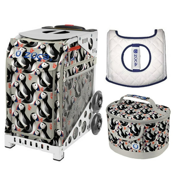 Zuca 18" Sport Bag - Playful Puffins with Lunchbox and Seat Cover (White Frame)