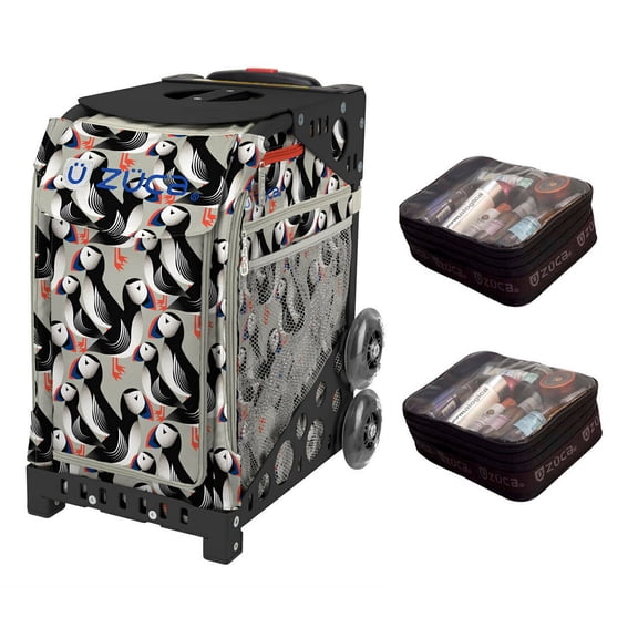 Zuca 18" Sport Bag - Playful Puffins with Non-Flashing Wheels and 2 Small Utility Pouch (Black Frame)