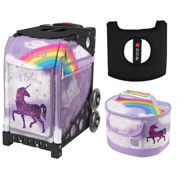 Zuca 18" Sport Bag - (Unicorn 2) with Non-Flashing Wheels, Lunchbox & Seat Cover (Black Frame)