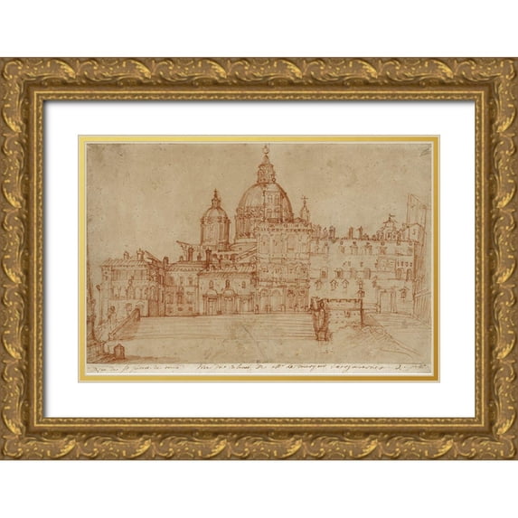 Zuccaro, Federico 32x23 Gold Ornate Wood Framed with Double Matting Museum Art Print Titled - View of Saint Peters, 1603