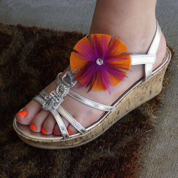 Zucker Feather Products Feather Shoe Clip w/Marabou-Hackle-Felt - 2.75" - 2 pcs - Orange/Shocking Pink/Very Berry