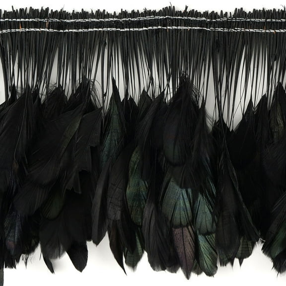 Zucker Feather Products Rooster Coque Tails Feathers Black Iridescent Trim Strung - 4-6 x 1 yd - Black/Iridescent