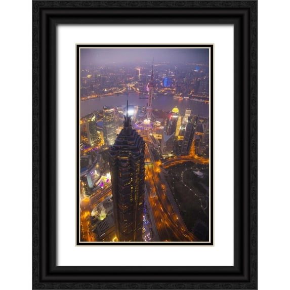 Zuckerman, Jim 13x18 Black Ornate Wood Framed with Double Matting Museum Art Print Titled - China, Shanghai Downtown buildings at night
