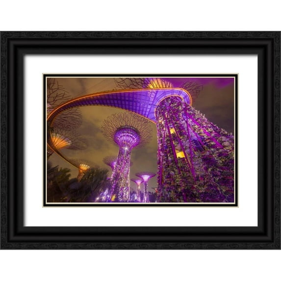 Zuckerman, Jim 14x11 Black Ornate Wood Framed with Double Matting Museum Art Print Titled - Singapore Garden by the Sea towers at night