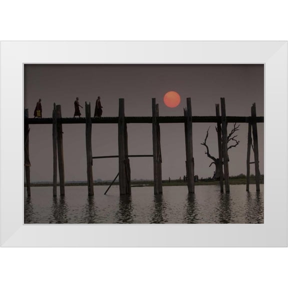 Zuckerman, Jim 14x11 White Modern Wood Framed Museum Art Print Titled - Myanmar, Amarapura Monks crossing U Bein Bridge