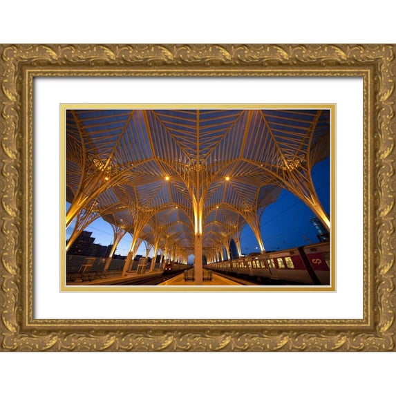 Zuckerman, Jim 18x13 Gold Ornate Wood Framed with Double Matting Museum Art Print Titled - Portugal, Lisbon Oriente Train Station at night