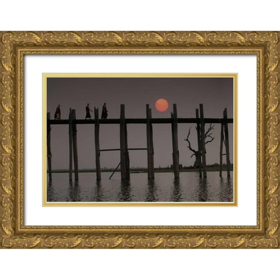 Zuckerman, Jim 24x17 Gold Ornate Wood Framed with Double Matting Museum Art Print Titled - Myanmar, Amarapura Monks crossing U Bein Bridge