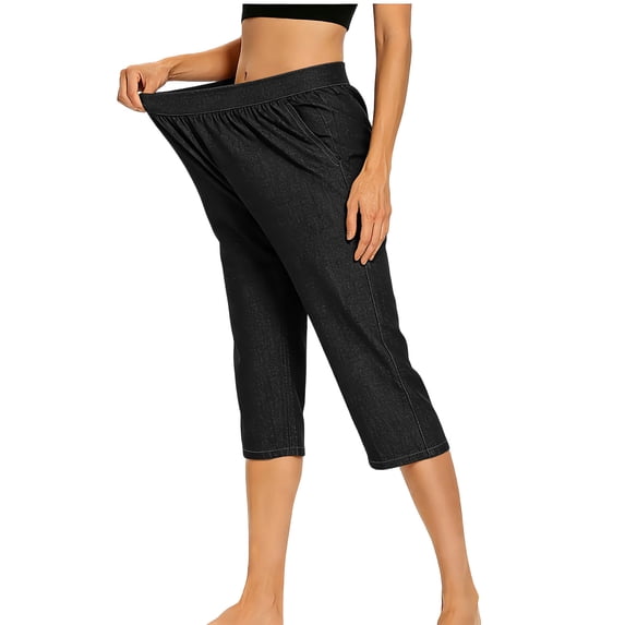 Zuesphe Capri Jeans for Women Stretch Casual Elastic High Waist Wide Straight Leg Pull on Denim Capris Loose Summer Pants with Pockets S-3XL