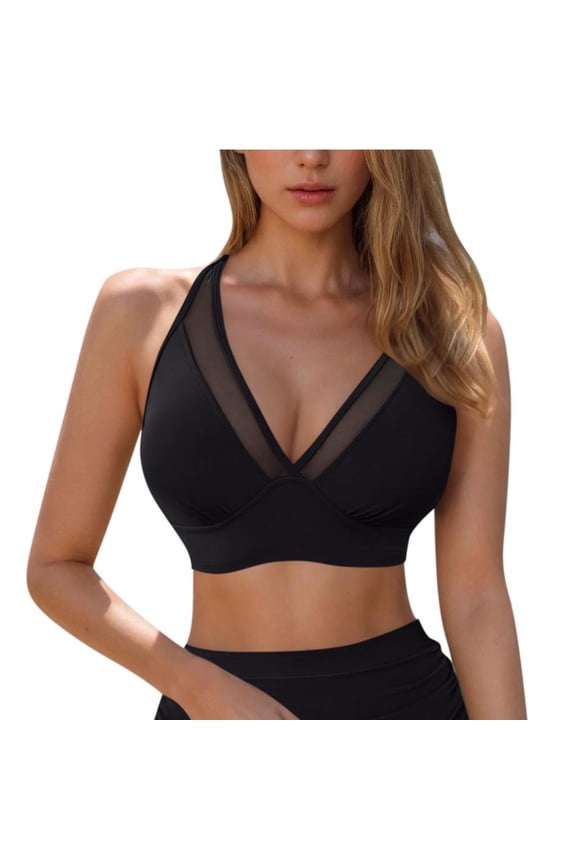 Mesh Bikini Tops for Women Cropped Tankini Tops Beach V Bar Padded Ruched Adjustable Strap Swimsuit Swim Top Only