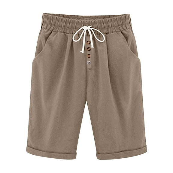 Zuesphe My Orders Placed by Me 2025 Women's Shorts Casual Comfy Cotton Linen Shorts Drawstring Elastic Waist Summer Knee Length Beach Shorts Pants for Women Summer Plus Size Capri