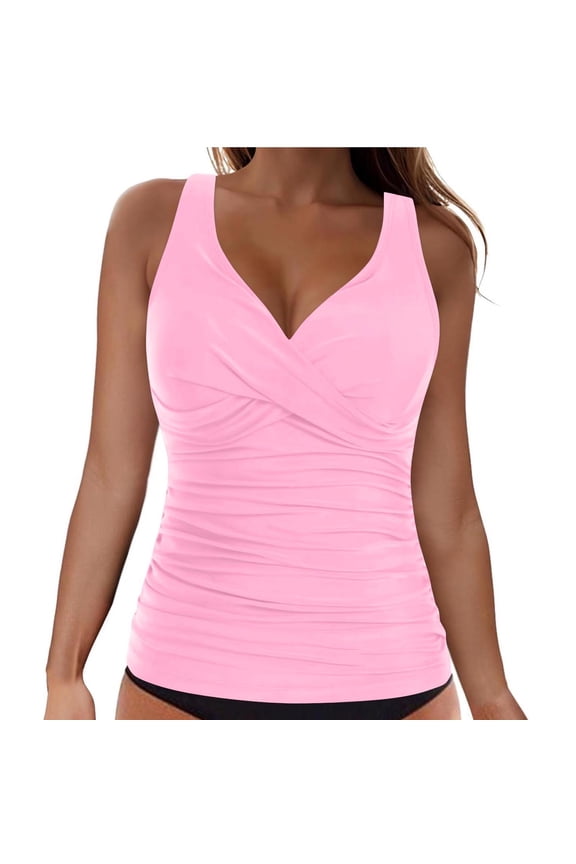 Trendy Swimsuit, Tankini Tops for Women Swimwear - Tummy Control Bathing Suit V Bar Padded Adjustable Strap Swimsuit Ruched Swim Tank Top Only No Bottom, Vintage Swimwear