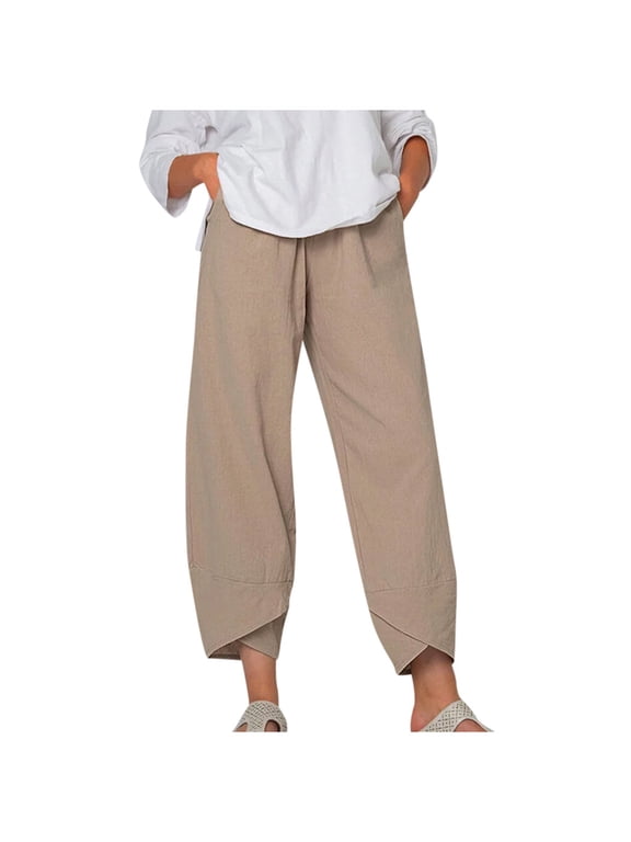 Women's Capri Casual Plus Size Elastic Waist Trousers with Pockets Capri Pants Casual Summer Cotton Cropped Pants Loose Fit Wide Leg