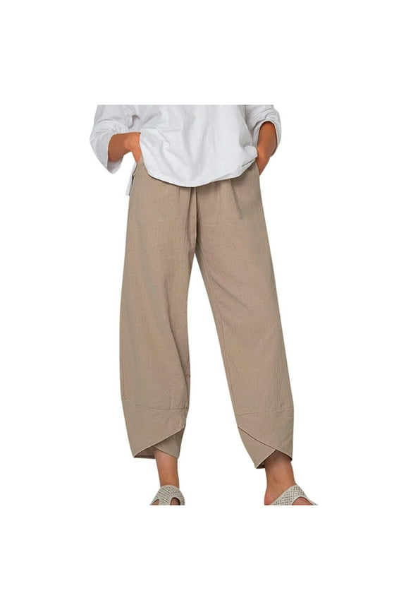 Women's Capri Casual Plus Size Elastic Waist Trousers with Pockets Capri Pants Casual Summer Cotton Cropped Pants Loose Fit Wide Leg