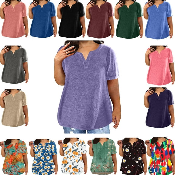Zuesphe Women's Plus Size V Neck T Shirts Summer Short Sleeve Tees Casual Loose Fit Cotton Tunic Tops Plus Size V Neck T Shirts Women Short Sleeve Tops Casual Summer Tshirts Loose Fit Tee