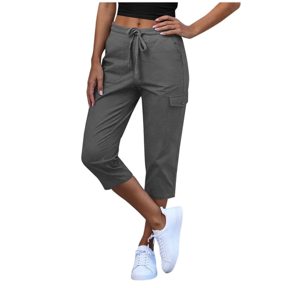 Zuesphe Womens Hiking Capri Cargo Joggers Pull on Capris Pants Crop Cropped Golf Pants with Pockets and Drawstring
