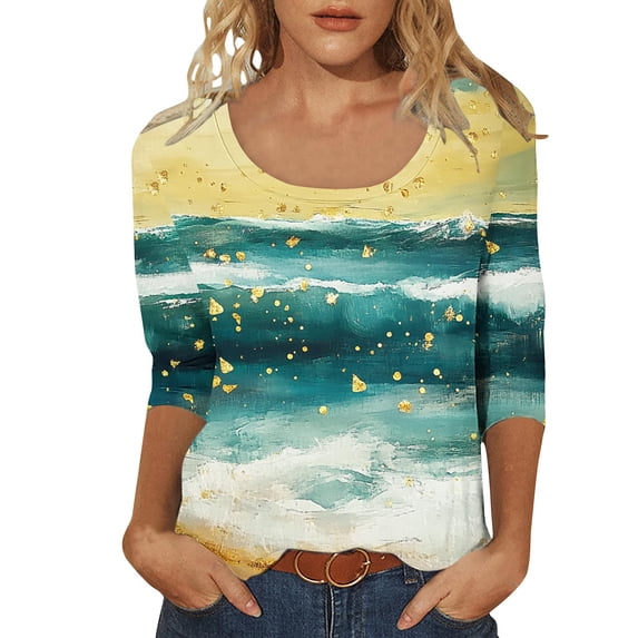 Zuesphe Womens Tops Dressy Casual 3/4 Sleeve Summer Shirts for Women Fitted Summer Blouses for Women 2025 Dressy Graphic Tees for Women Plus Size