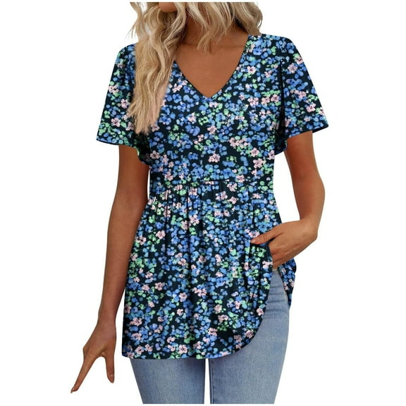 Zuesphe Womens Tunic Tops for Leggings Short Sleeve V Neck Summer Casual Pleated Blouses Flowy T Shirt Floral Summer Tops Basic Pullover