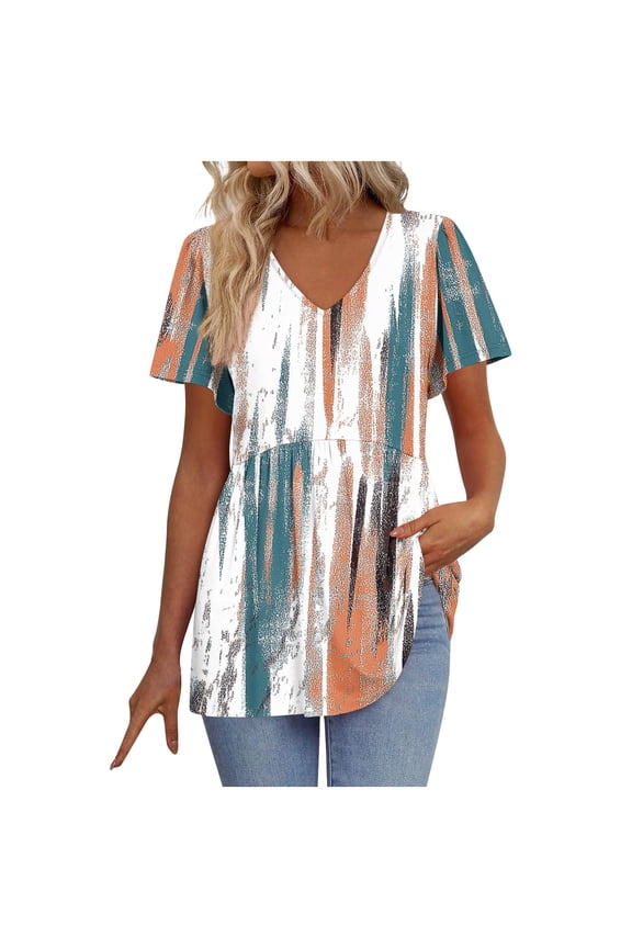 Womens Tunic Tops for Leggings Short Sleeve V Neck Summer Casual Pleated Blouses Flowy T Shirt Floral Summer Tops Basic Pullover