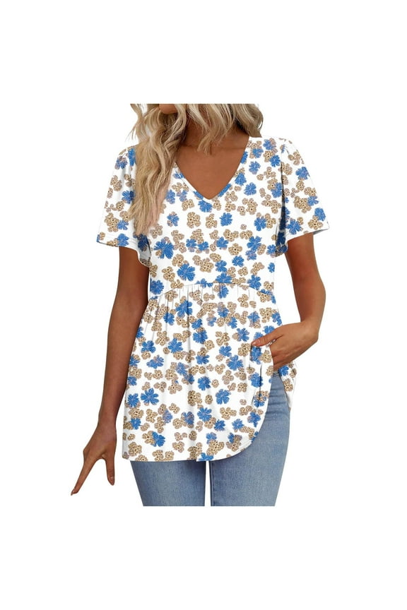 Womens Tunic Tops for Leggings Short Sleeve V Neck Summer Casual Pleated Blouses Flowy T Shirt Floral Summer Tops Basic Pullover