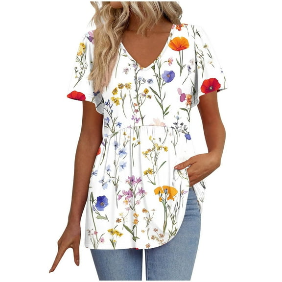 Zuesphe Womens Tunic Tops for Leggings Short Sleeve V Neck Summer Casual Pleated Blouses Flowy T Shirt Floral Summer Tops Basic Pullover
