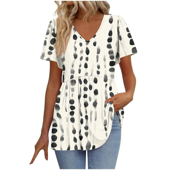 Zuesphe Womens Tunic Tops for Leggings Short Sleeve V Neck Summer Casual Pleated Blouses Flowy T Shirt Floral Summer Tops Basic Pullover