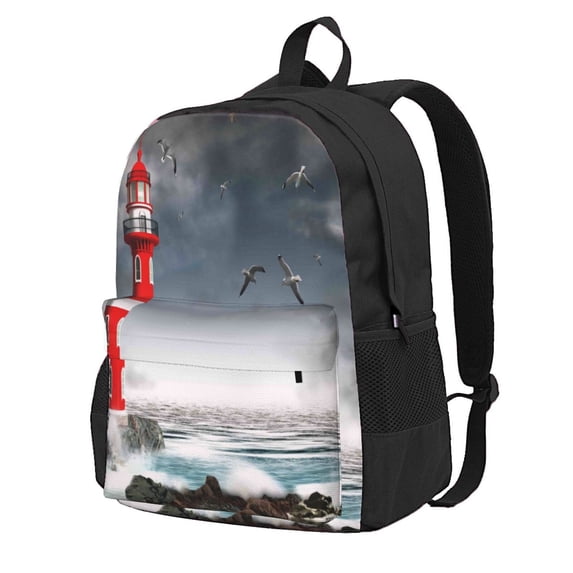 Zufioo 3d Lighthouse in the Surf Pattern Adult Backpack,Wear-resistant and Breathable Multi-pocket Backpack, Suitable for Travel, Business and Outdoor Activities