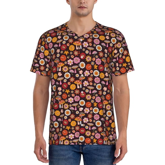 Zufioo 70s Groovy Hippie Retro Print Men's Baseball Short Sleeve, Moisture Wicking Button-Down Hip Hop Tee-4X-Large