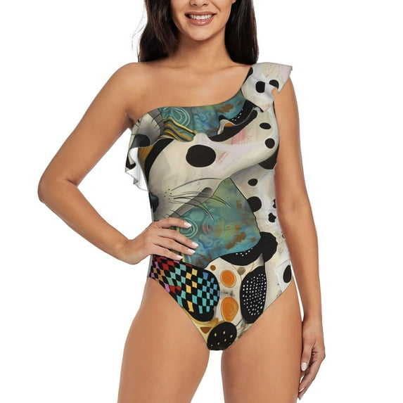 Zufioo Abstract Dalmatian Art Print One-shoulder Ruffled One-piece Swimsuit, High Elastic Integrated Removable Chest Pad Swimsuit Suitable for Beach, Pool and Vacation-Medium