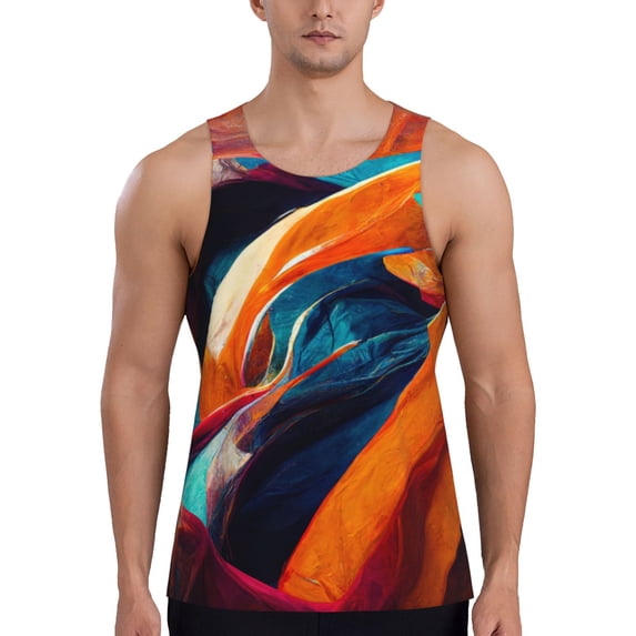 Zufioo Abstract Fabric Color Waves Print Men's Vest, Sleeveless Quick-drying Muscle T-shirt, Suitable for Sports Fitness, Home Leisure Wear-Large