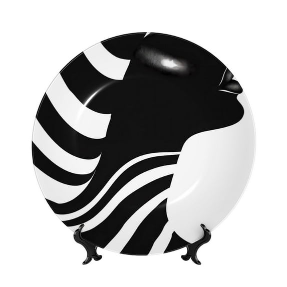 Zufioo Abstract Monochrome Profile Print Bone China Decorative Plate, Ceramic Dinner Plate with Stand Ceramic Decoration Homewares-10in