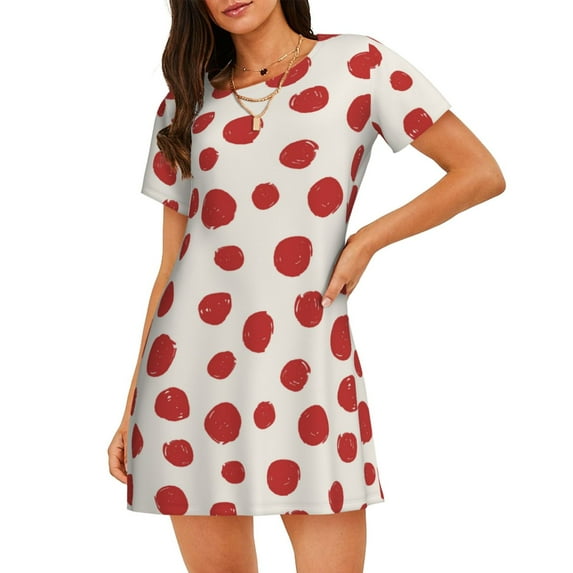 Zufioo Abstract Red Polka Dot Print Women's Nightgown, Round Neck Short-sleeved Pajamas, Home Wear Suitable for Home and Outing