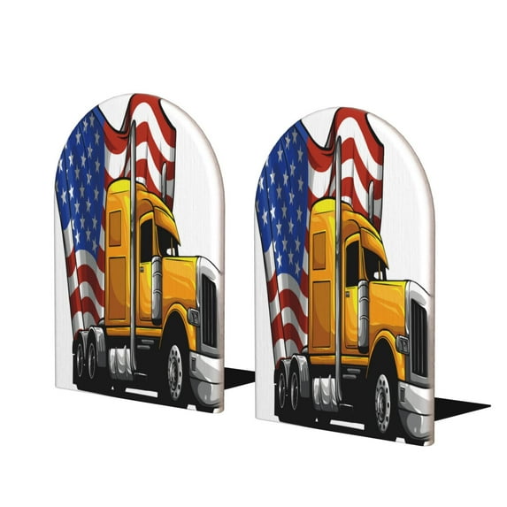 Zufioo American Truck Print Wooden Bookends, Metal Bookshelf Non-slip Bookends, Home Furnishings Suitable for Bookcases Offices