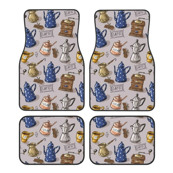 Zufioo Antique Vintage Teapot Coffee Grinder Print Car Floor Mats Four-piece Set, Car Interior Accessories - Corrosion-resistant, Non-Slip, Suitable for Cars, Trucks, Vans