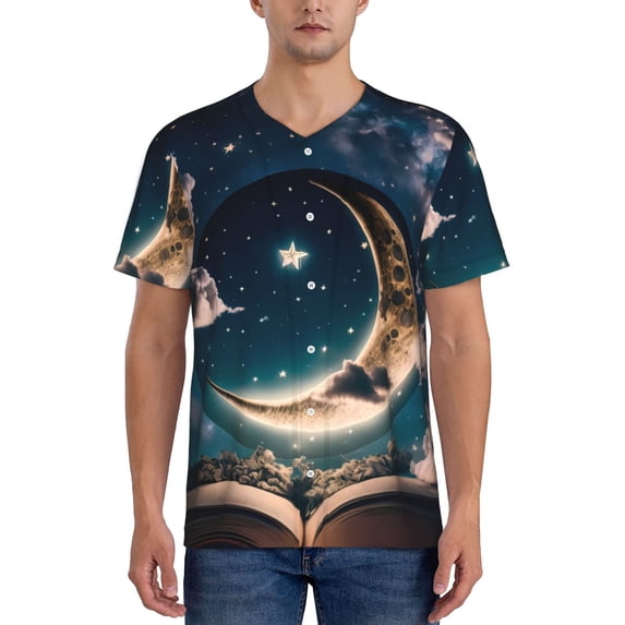 Zufioo Artistic Starry Sky Moon Book Print Men's Baseball Short Sleeve, Moisture Wicking Button-Down Hip Hop Tee-4X-Large
