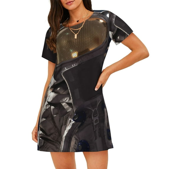 Zufioo Astronaut Print Women's Nightgown, Round Neck Short-sleeved Pajamas, Home Wear Suitable for Home and Outing