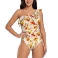 thumbnail image 1 of Zufioo Autumn With Birds Print One-shoulder Ruffled One-piece Swimsuit, High Elastic Integrated Removable Chest Pad Swimsuit Suitable for Beach, Pool and Vacation-Medium, 1 of 6
