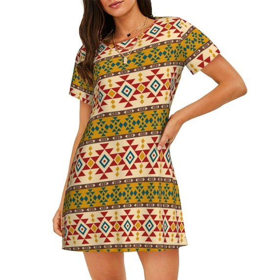 Zufioo Aztec Print Women's Nightgown, Round Neck Short-sleeved Pajamas, Home Wear Suitable for Home and Outing
