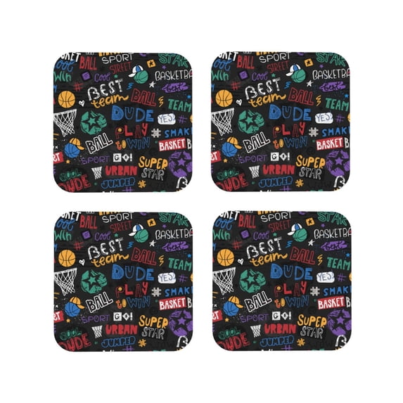 Zufioo Basketball Print Leather Coaster Set, Decorative PVC Coasters 4-pack - Scald and Stain-resistant, Suitable for Home, Cafes, Restaurants-Square